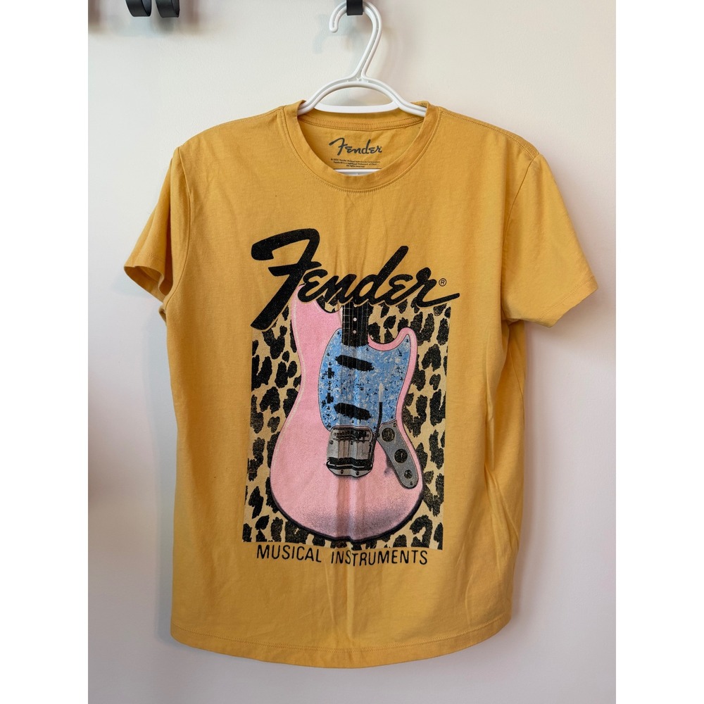 Fender Musical Instruments Graphic Tee Mustard Yellow Pink Guitar Leopard M